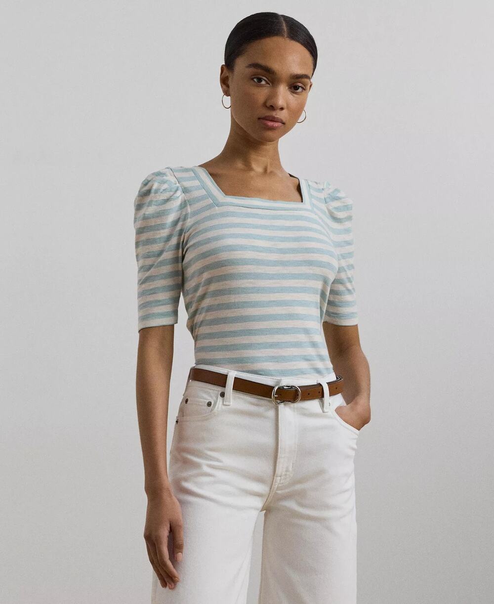 Lauren Ralph Lauren Women's Striped Cotton Jersey Puff-Sleeve Tee Size 2X 3984